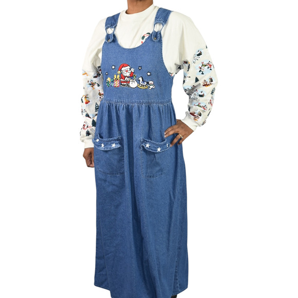 Vintage Christmas Dress Blue Jean Pinafore Bib Overall Jumper Santa Maxi Small - Picture 8 of 13